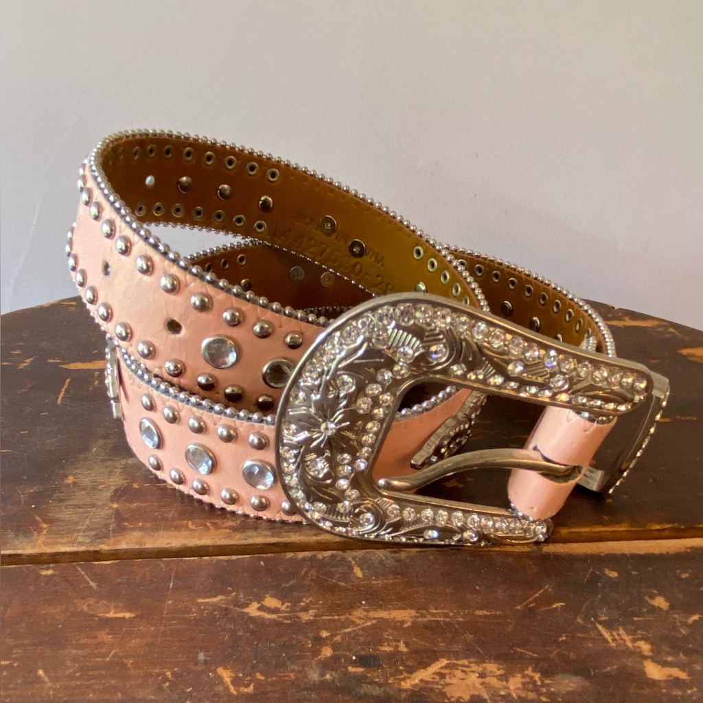 Nocona Western Pink Leather Belt: Horses, Gems, Silver Embellishments. 25.5-30”